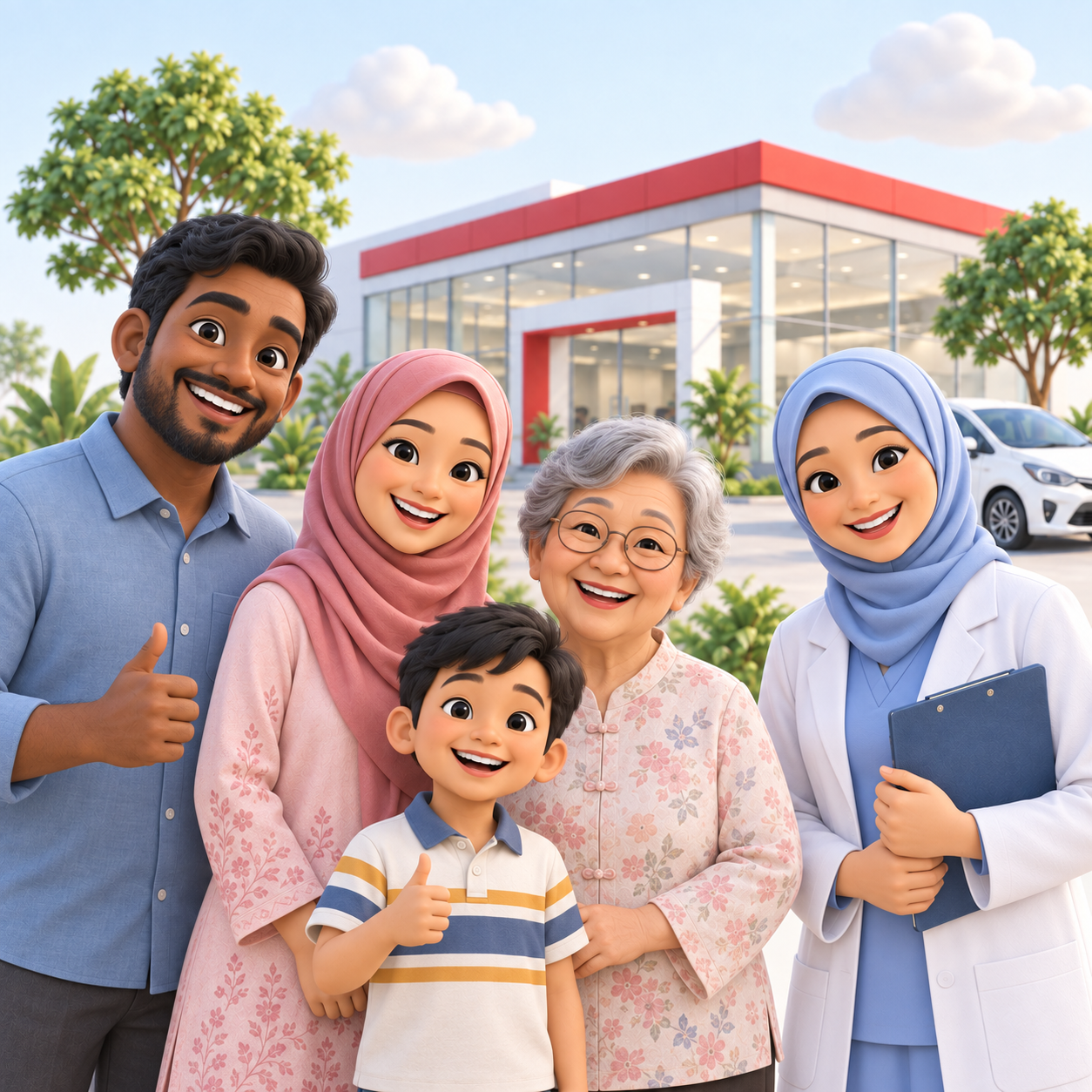 Ilustrasi komuniti Melayu, Cina dan India bersama doktor wanita Melayu bertudung di sebuah showroom kereta